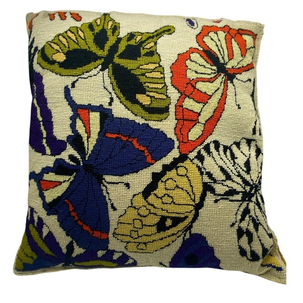 VTG Embroidered colorful Butterfly Throw Pillow Corduroy Back Handmade READ‎